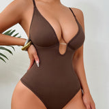 Seamless Plunge Neck Tummy Control Thong Shapewear Bodysuit