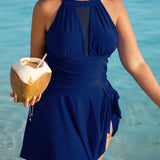 Large Size Halter Neck Mesh Panel Tummy Control Swimsuit with Side Bow
