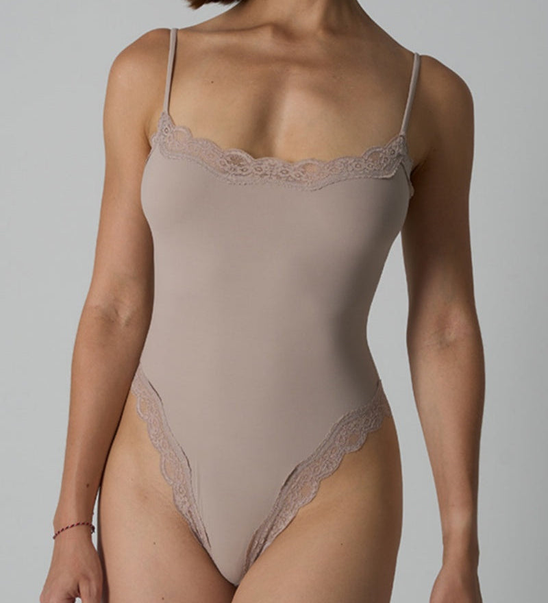 Spaghetti Strap Triangle Shapewear Bodysuit with Lace Trim