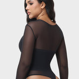 Sheer Mesh Long Sleeve Tummy Control Thong Shaping Bodysuit