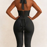 Polka Dot Halter Neck Hourglass Capri Jumpsuit with Detachable Corset Two-Piece Set
