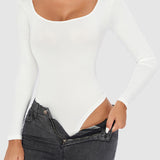 Women's Seamless Square Neck Long Sleeve Bodysuits Sculpting Thong Bottoming Shirt Body Shaper