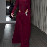 Two-Piece Set Turtleneck Side Cutout Rhinestone Wide Leg Pants