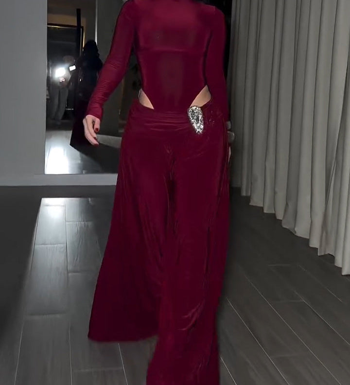 Two-Piece Set Turtleneck Side Cutout Rhinestone Wide Leg Pants