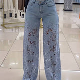 Sorelyne® Cut out Floral Denim with Lace Wide Leg Jeans for Women