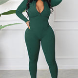Women's Sexy Ribbed Long Sleeve Zipper Jumpsuits Casual Solid Bodycon Rompers