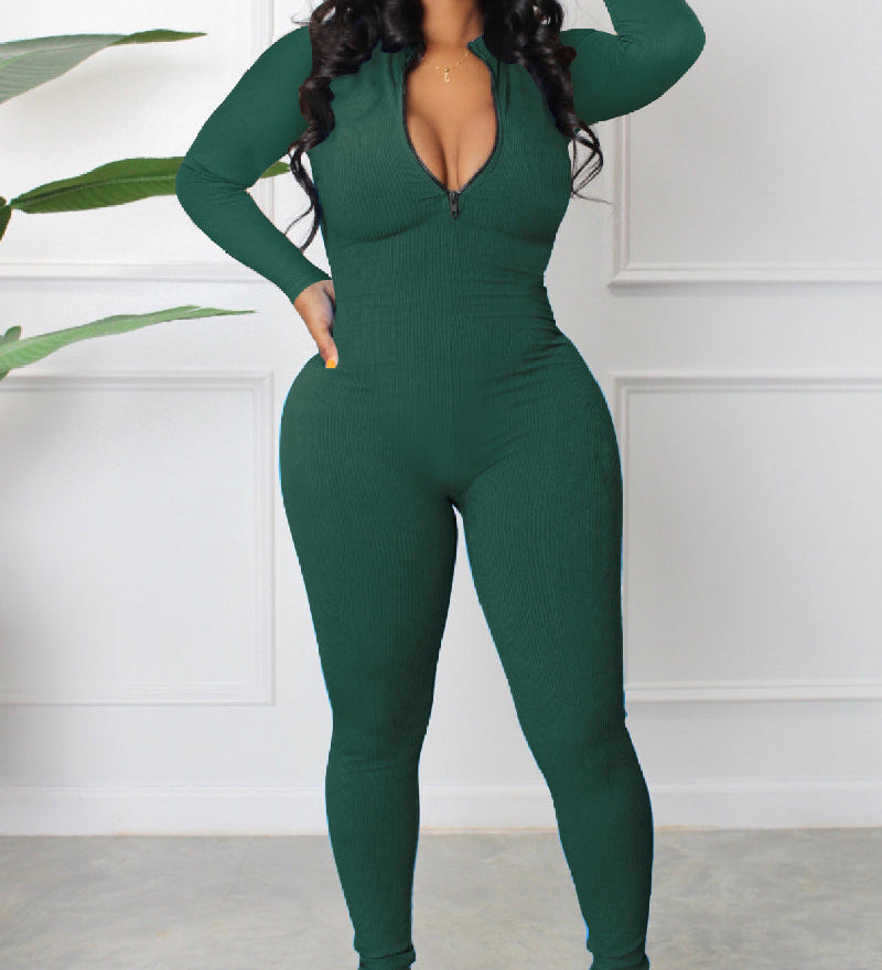 Women's Sexy Ribbed Long Sleeve Zipper Jumpsuits Casual Solid Bodycon Rompers