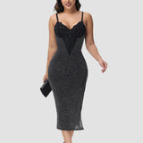 Sorelyne® Sexy Lace V Neck Metallic Sparkling Bodycon Slit Cami Midi Slip Dress