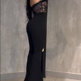 Sexy Lace Mesh Off-Shoulder Ruffled Trim Jumpsuit