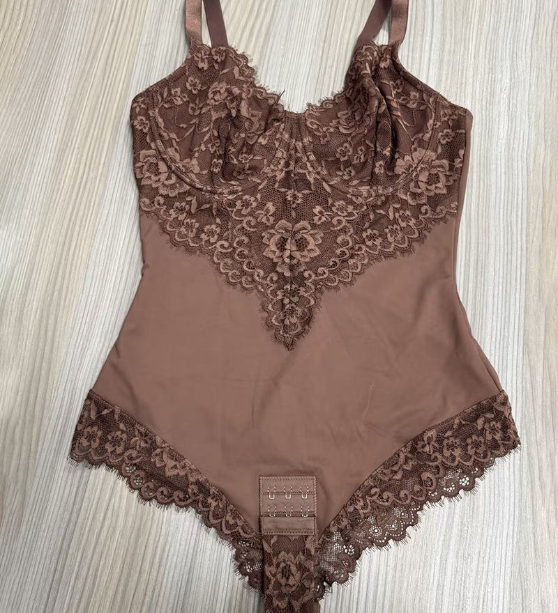Sorelyne® Front and Back Deep V Lace Trim Shapewear Bodysuit