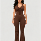 Front Drawstring Halter Mesh Back Flare Leg Jumpsuit