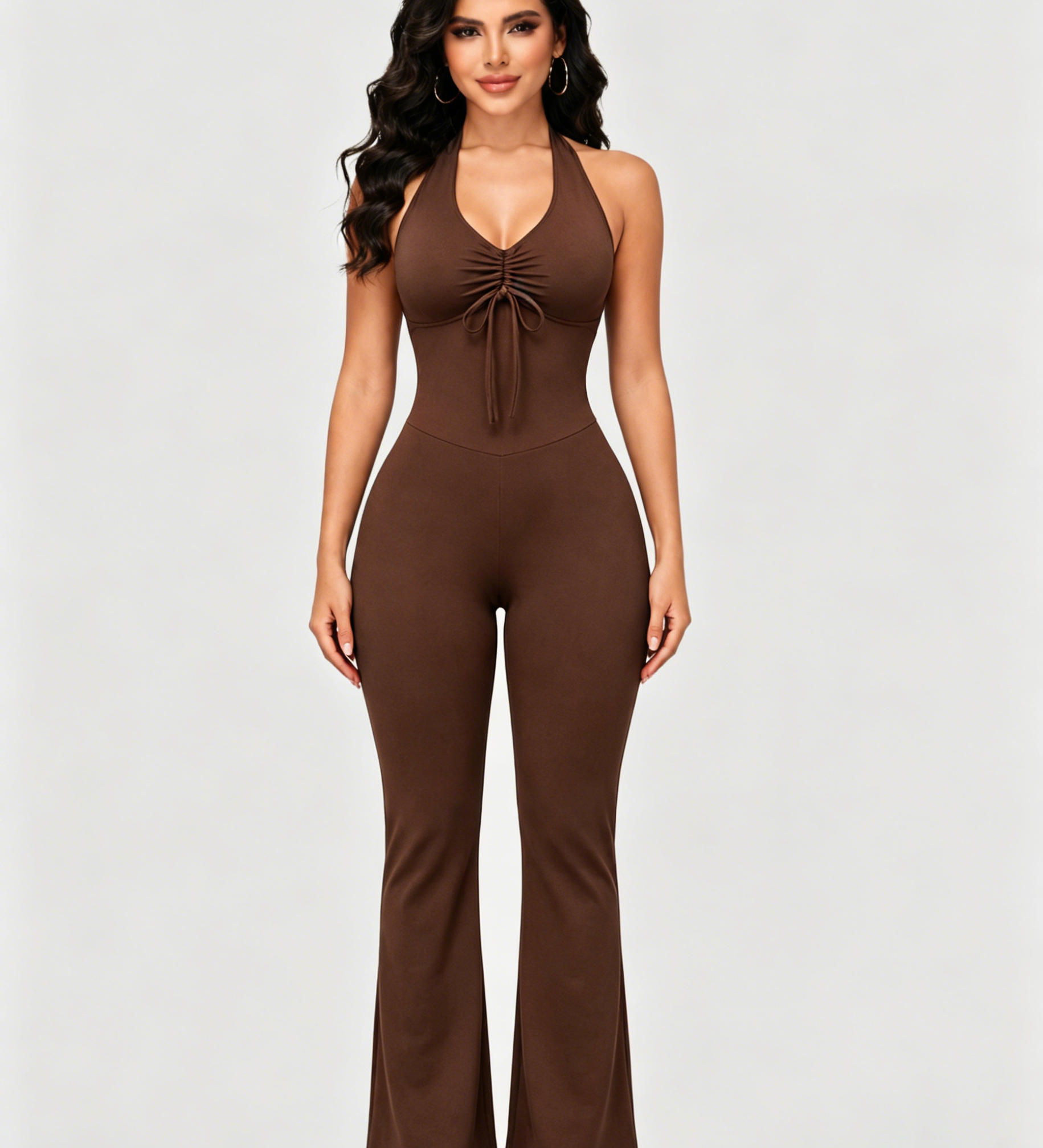 Front Drawstring Halter Mesh Back Flare Leg Jumpsuit