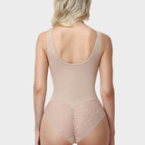 U Neck Wide Strap Lace Panel Thong Bodysuit Seamless Tummy Control Butt Lifting Shaper