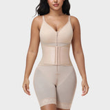 V Neck Zipper Mid Thigh Shapewear with Detachable Waist Trainer 2 Piece Set