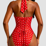 Polka Dot Halter Corset One-Piece Swimsuit