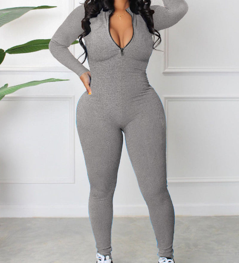 Women's Sexy Ribbed Long Sleeve Zipper Jumpsuits Casual Solid Bodycon Rompers