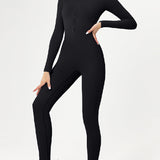 Zip Up Long Sleeve Fleece Skinny Jumpsuit Winter Thermal One-piece Fitness Bodysuit