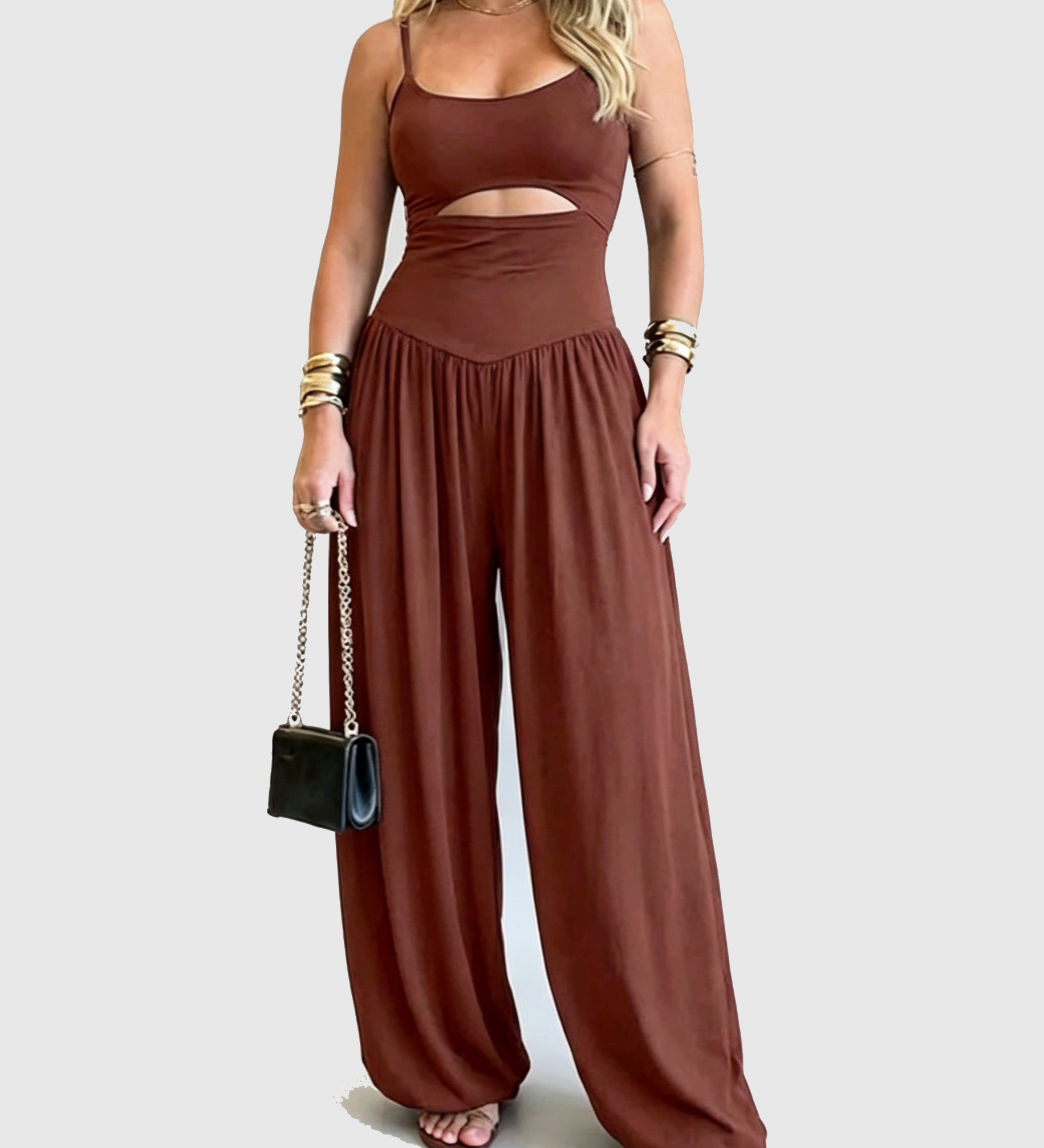 Solid Color Cut-out Cami Backless Jumpsuit