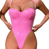 Sexy High Cut Pu Leather Solid Underwire Thong Cami Bodysuit