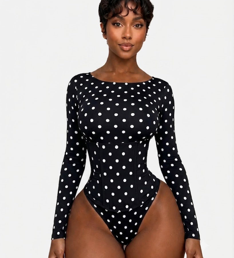 Hourglass Long Sleeve Polka Dot Thong Bodysuit with Waist Trainer 2 Piece Set