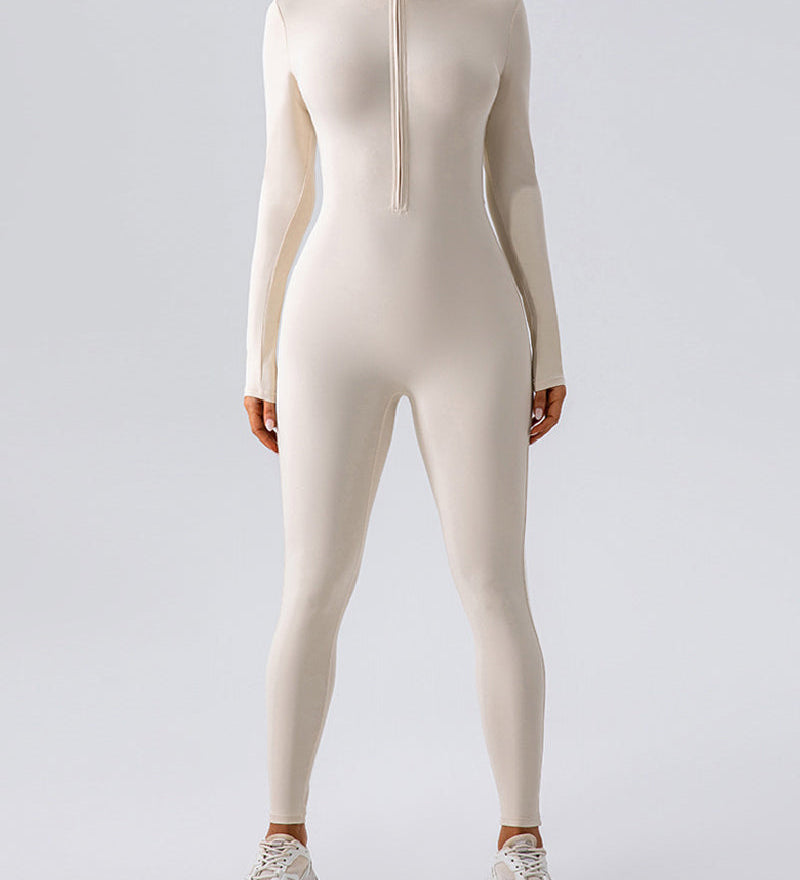Zip Up Long Sleeve Fleece Skinny Jumpsuit Winter Thermal One-piece Fitness Bodysuit