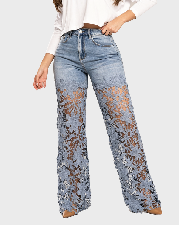 High Waist Floral Lace Hollow Out Spliced Flare Jeans