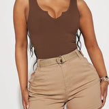 Solid Notched Neck Ribbed Sleeveless One Piece Bodysuit Shapewear