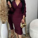 Deep V Neck Long Sleeves Ruched Bodycon Midi Dress