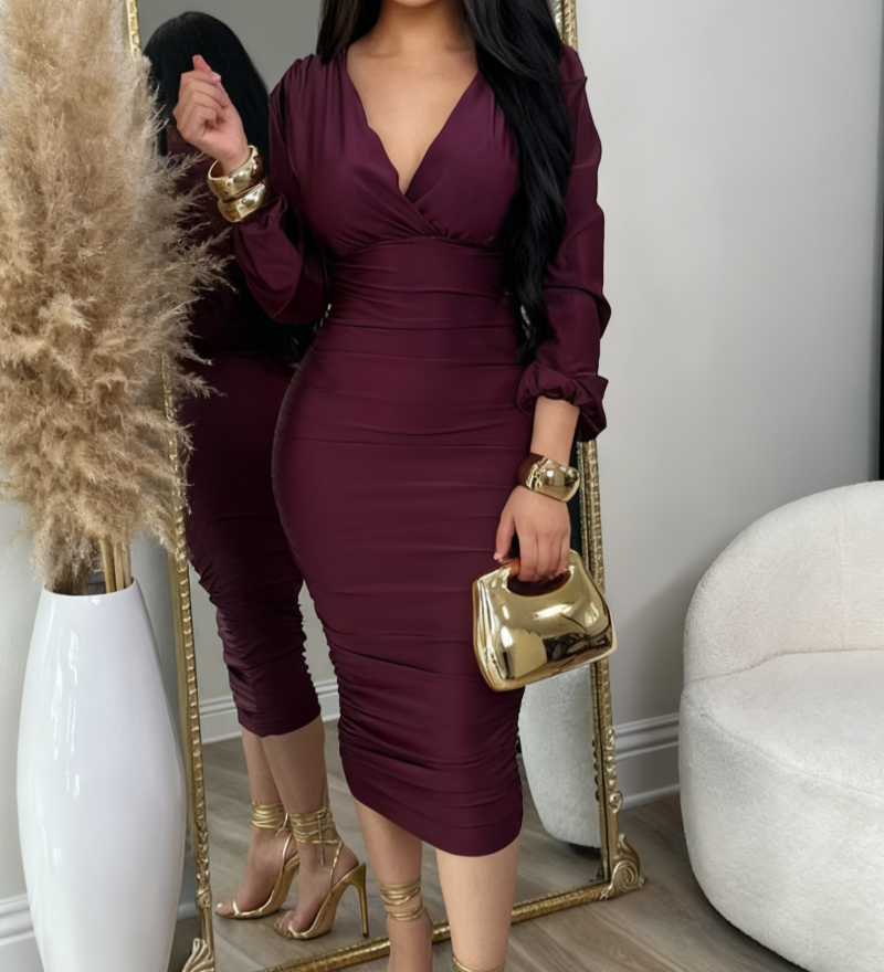 Deep V Neck Long Sleeves Ruched Bodycon Midi Dress