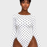 Long Sleeve Polka Dot Large U Open Back Tummy Control Thong Bodysuit