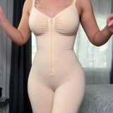 Pleated Tummy Slimming Full Shapewear Bodysuit with Front Zipper