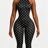 Polka Dot Halter Neck Backless Slim-Fit Stretch Capri Jumpsuit