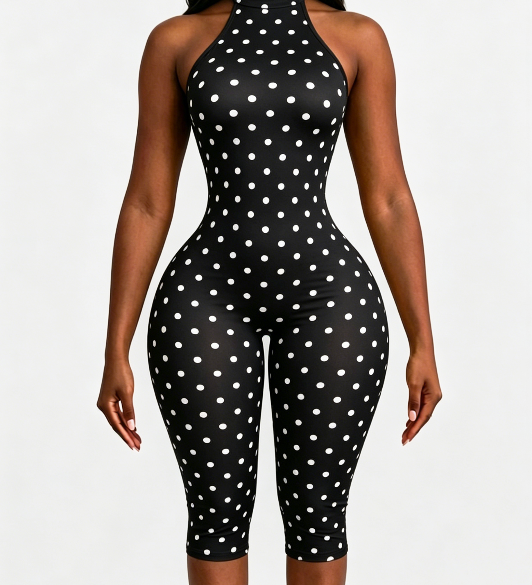 Polka Dot Halter Neck Backless Slim-Fit Stretch Capri Jumpsuit