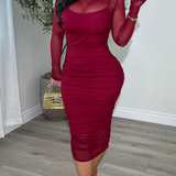 Women's Ruched Mesh Sheer Mock Neck Long Sleeve Midi Bodycon Dress