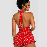 Polka Dot Halter Neck Ruffle Hem Romper Swimsuit