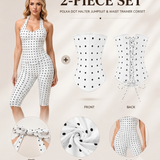 Hourglass Figure Body Shaper Waist Cincher Polka Dot Capri Jumpsuit Two-Piece Set