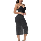 Sorelyne® Sexy Lace V Neck Metallic Sparkling Bodycon Slit Cami Midi Slip Dress