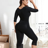 Sorelyne® Black Women's Mid-sleeveJumpsuit with Tummy Control Butt Lift Shapewear