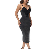 Sorelyne® Sexy Lace V Neck Metallic Sparkling Bodycon Slit Cami Midi Slip Dress