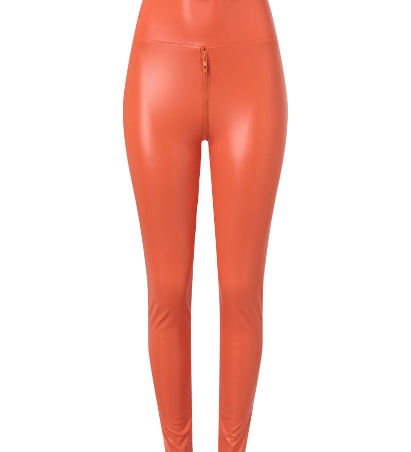 Sexy PU Leather Crotch Zipper Leather Pants for Curvy Women