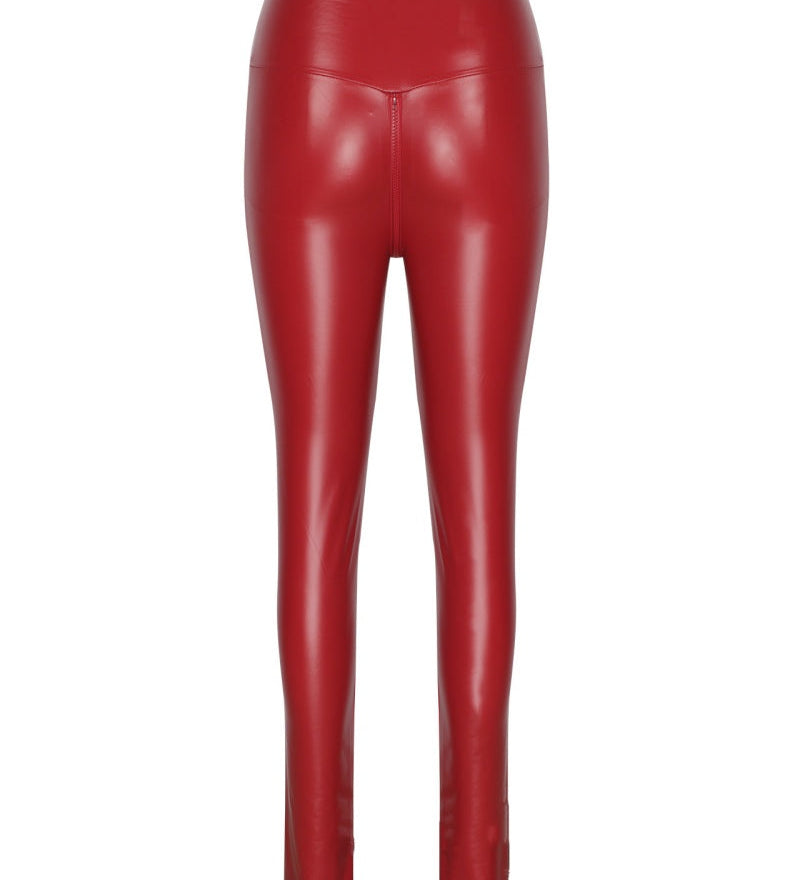 Sexy PU Leather Crotch Zipper Leather Pants for Curvy Women