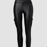 Women's Leather Pants High Waist Cargo Pockets Stretch Leather Leggings