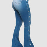 Women's Zipper Fly Side Buttons Vintage Mopping Flared Jeans