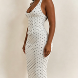 Polka Dot Corset Halter Midi Dress with Lace-Up Back