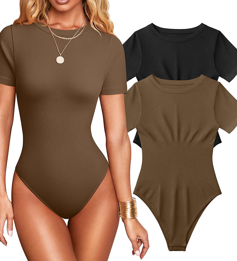 Women Sexy Ribbed Round Neck Short Sleeve Tummy Control Thong Bodysuit