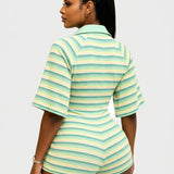 Striped Ribbed Polo Hourglass Romper with Button Front