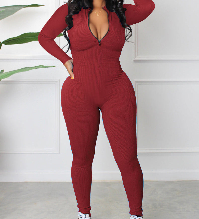 Women's Sexy Ribbed Long Sleeve Zipper Jumpsuits Casual Solid Bodycon Rompers