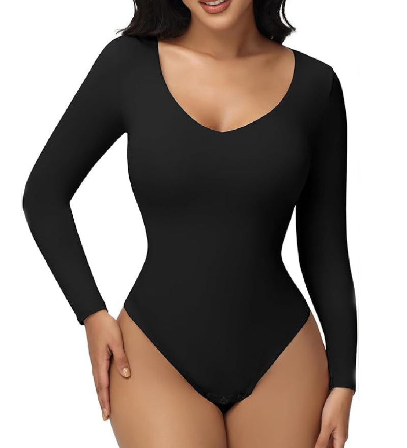 Sorelyne® Women's Long Sleeve V Neck Seamless Bodysuits Tummy Control Thong Shapewear