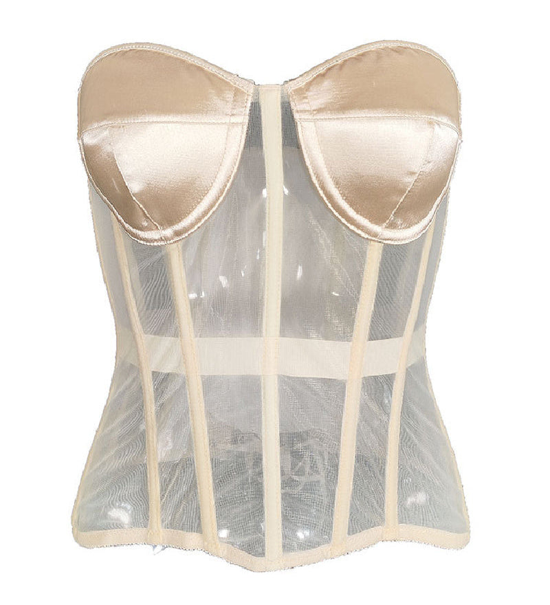 Women's Sexy Mesh Overbust Corset Tops Vintage See Through Slim Bustiers