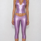 Metallic Shine Halter Deep V Top V Waist Capri Leggings Two Piece Set